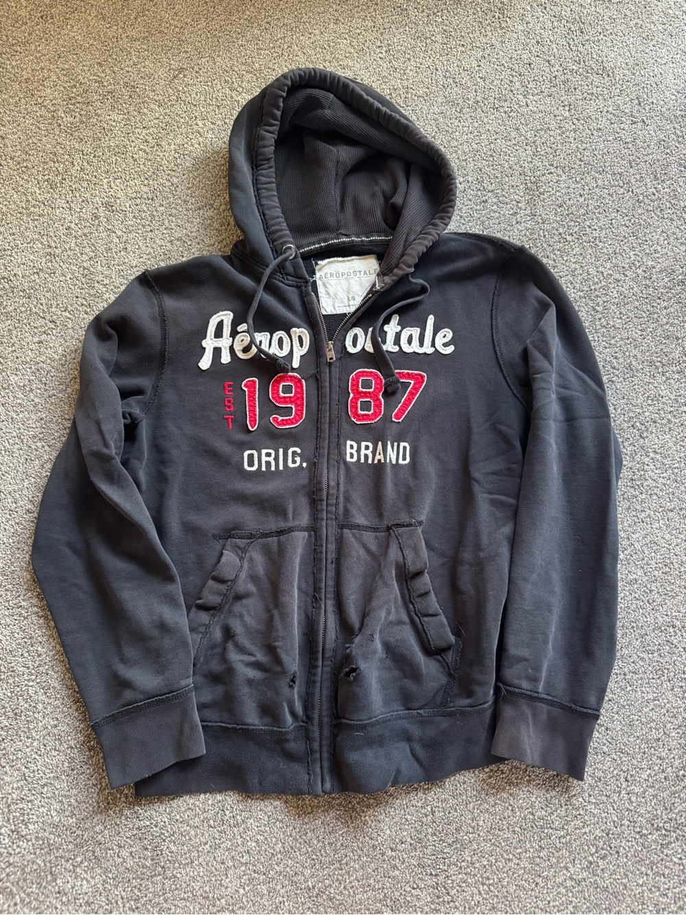 Aeropostale Black Hooded Zip Sweatshirt with White Applique
